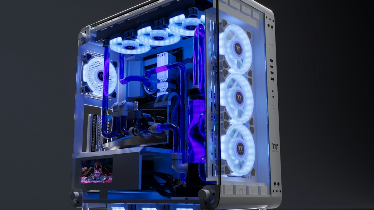 Gaming PC case glowing blue inside