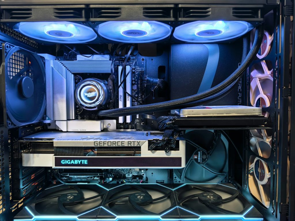 Custom PC build with blue LED lighting