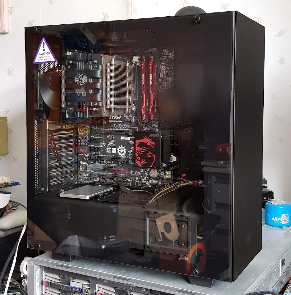 Custom PC built by Fusion Computer Services: MSI gaming motherboard, Cooler Master V8 cooler and HyperX memory in a black tempered-glass case